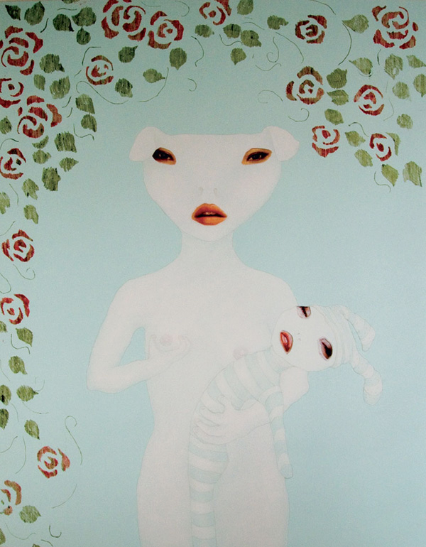 Self-protrait as Eve Leaving the Garden of Eden, oil, acrylic and laser toner on board, 1000 x 1500mm