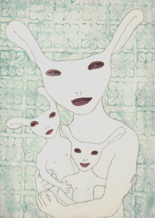 madonna-and-child-and-the-girl-next-door. graphite, print media and acrylic on board, 125 x 180mm