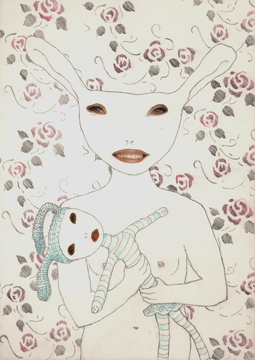 our-lady-of-the-roses. graphite, print media and acrylic on board, 125 x 180mm