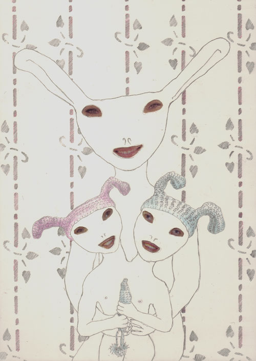 our-lady-of-the-uncomfortable-silence. graphite, print media and acrylic on board, 125 x 180mm