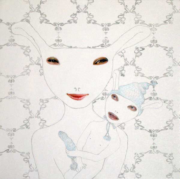 graphite, print media and colour pencil on paper. 250 x 250mm